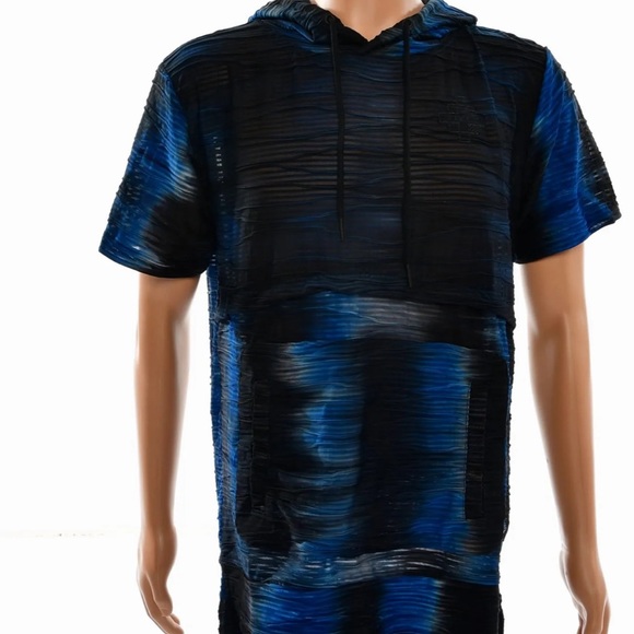 MEN’S JACQUARD TEXTURED TIE DYED HOODIE-NAVY - Picture 1 of 4